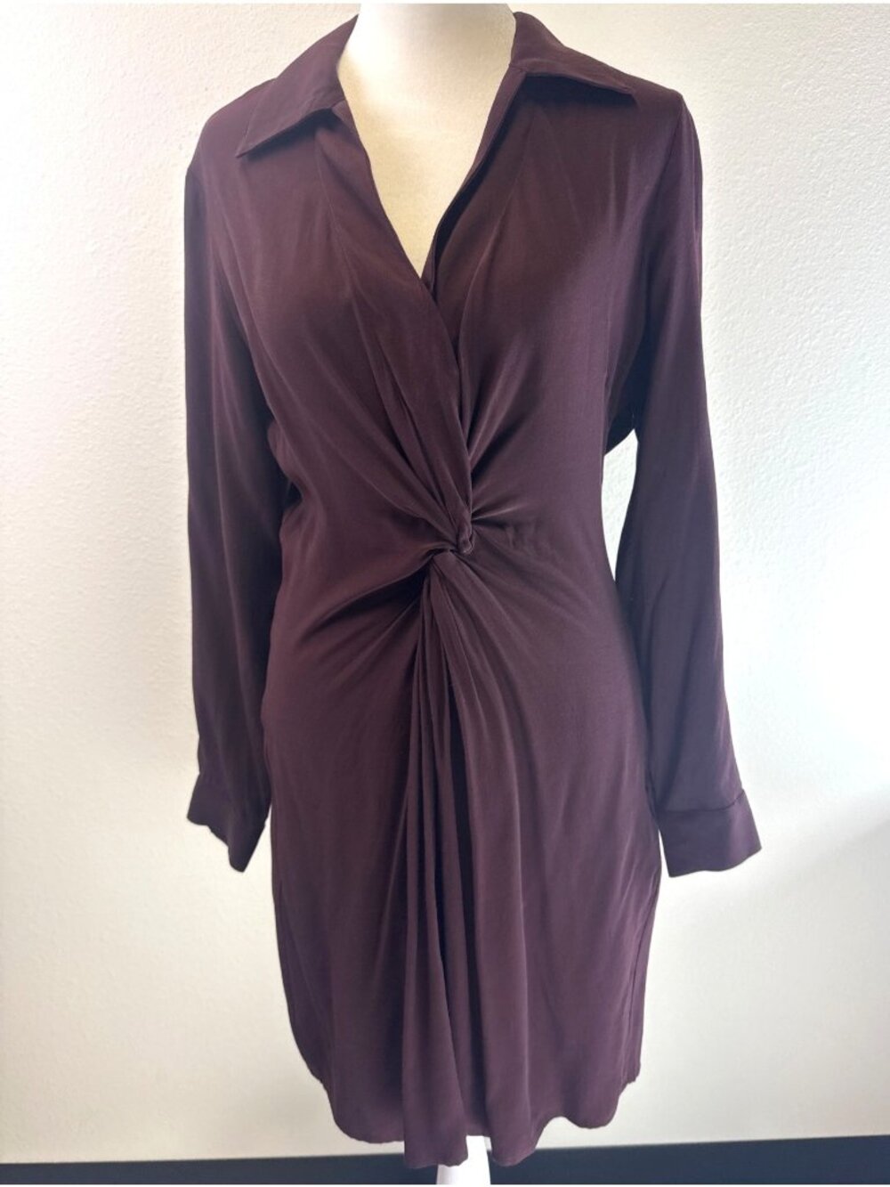 Loft Twist Front Long Sleeve Burgundy Dress Collared Neckline Size 4P Office